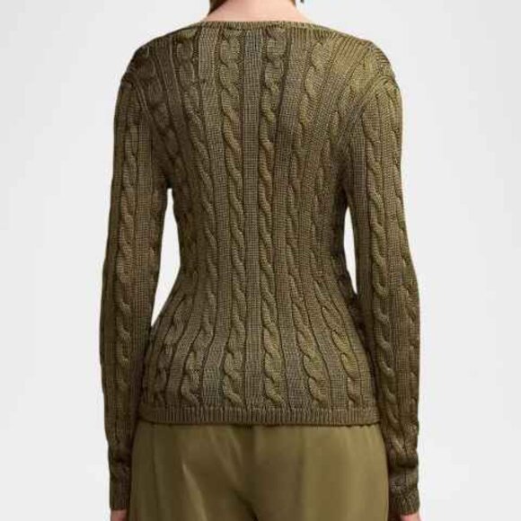 SOLDRalph Lauren Black Label 100% Silk Cable Knit V Neck Sweater, Military Green - Picture 5 of 14